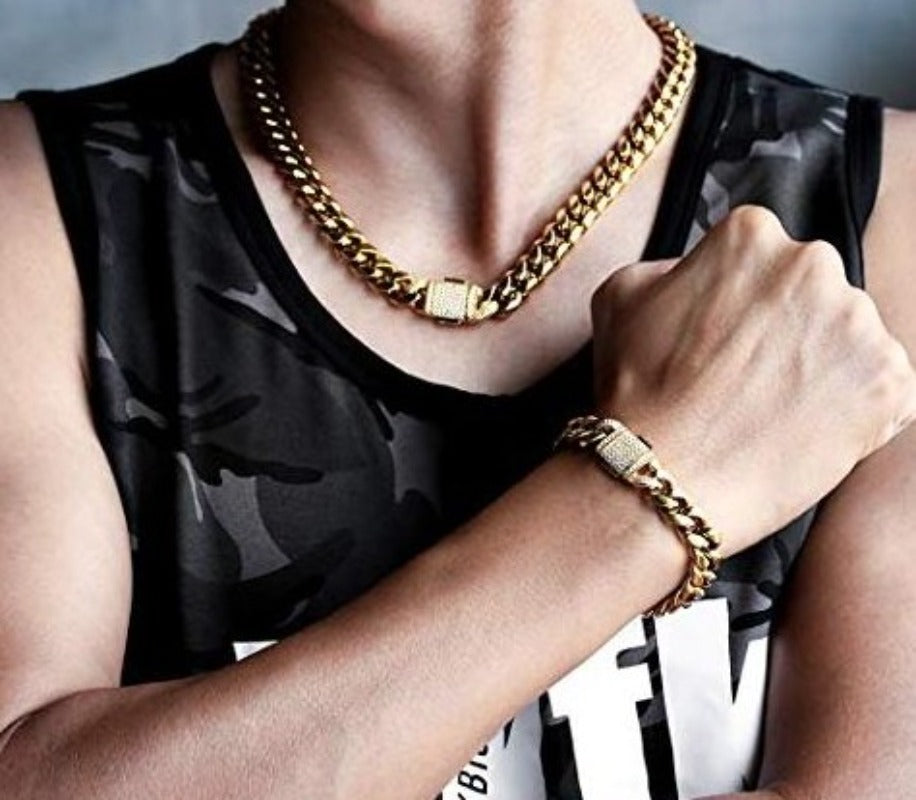 5" Width 18K Gold Miami Cuban Link Chain Set Iced Out Curb Chain and Bracelet Set - Samuels Jewelers