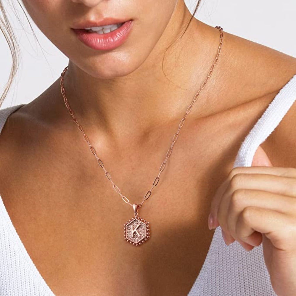 Dainty Layered Initial Necklace 14K Gold Plated Paperclip Chain Hexagon Pendant Choker Necklace - Samuels Jewelers