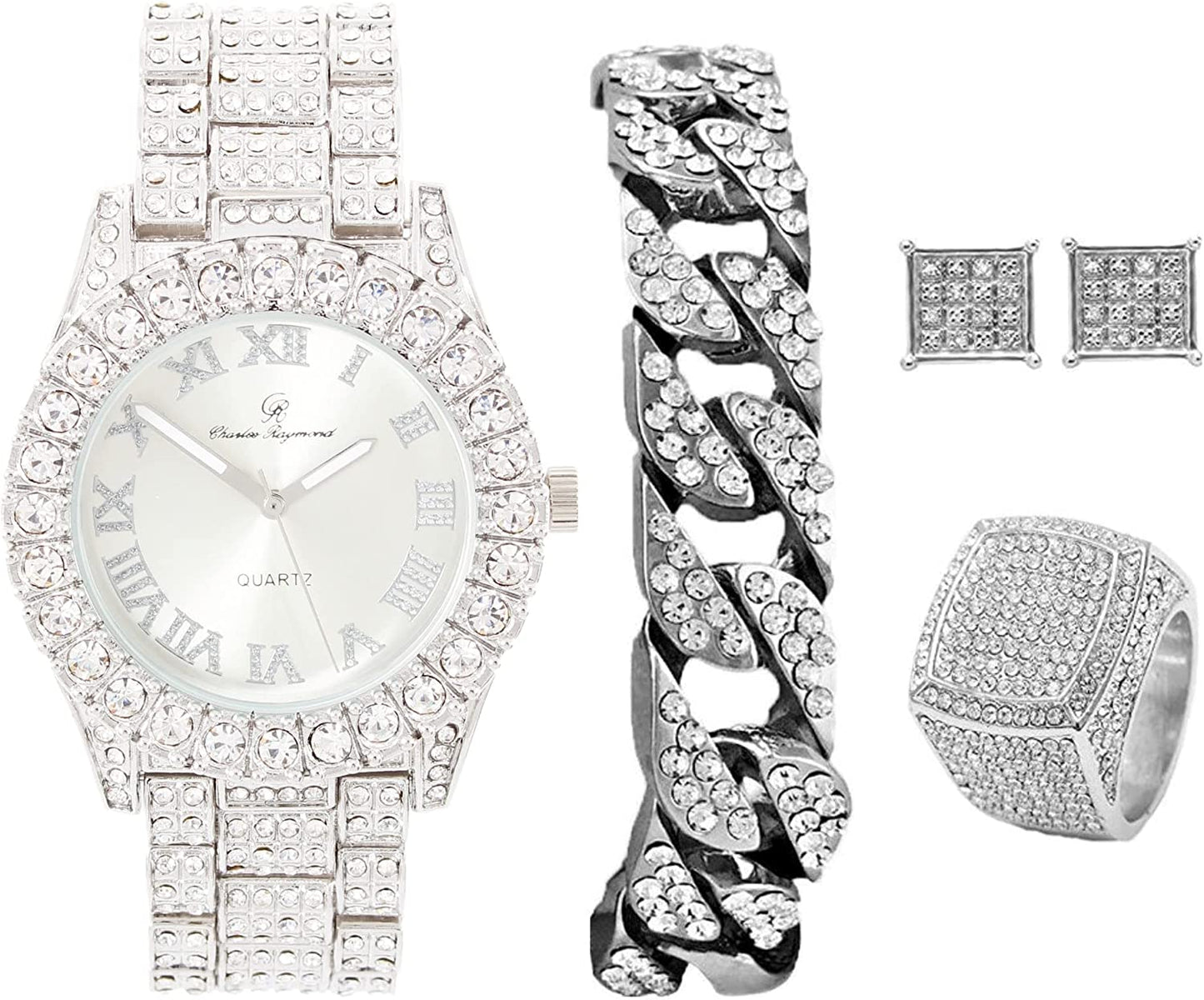Bling-end Out Hip Hop Watch & Jewelry Set w/Cuban Chain Bracelet, Kite Bling Earrings & Ring - Samuels Jewelers