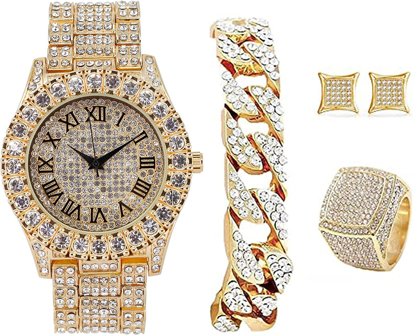 Bling-end Out Hip Hop Watch & Jewelry Set w/Cuban Chain Bracelet, Kite Bling Earrings & Ring - Samuels Jewelers