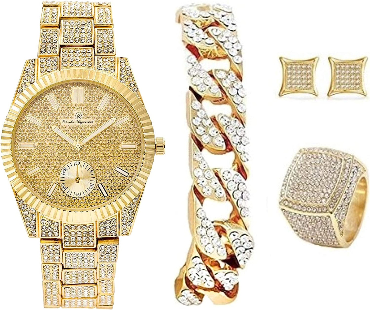 Bling-end Out Hip Hop Watch & Jewelry Set w/Cuban Chain Bracelet, Kite Bling Earrings & Ring - Samuels Jewelers