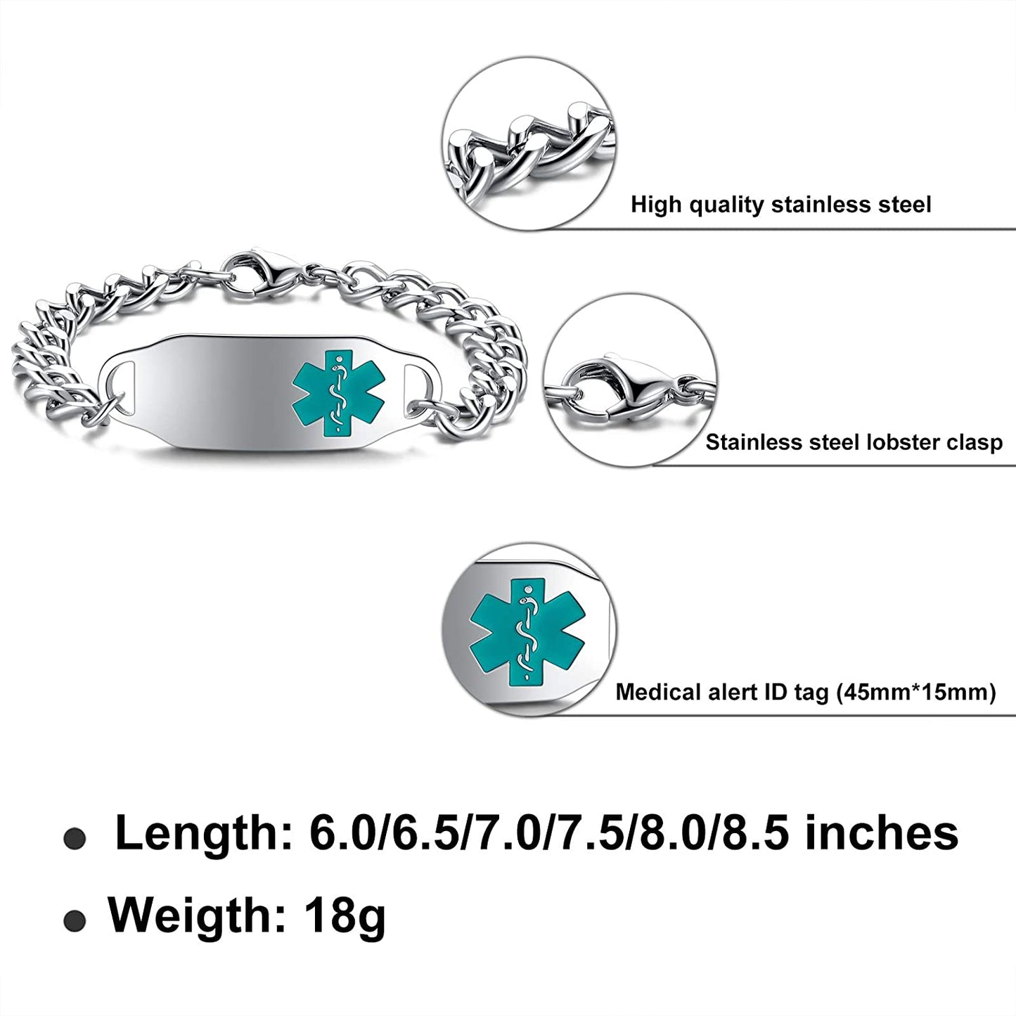 Personalized Customize Medical Alert ID Awareness Bracelet 5.5-8.5 inches ,Free Engraving - Samuels Jewelers
