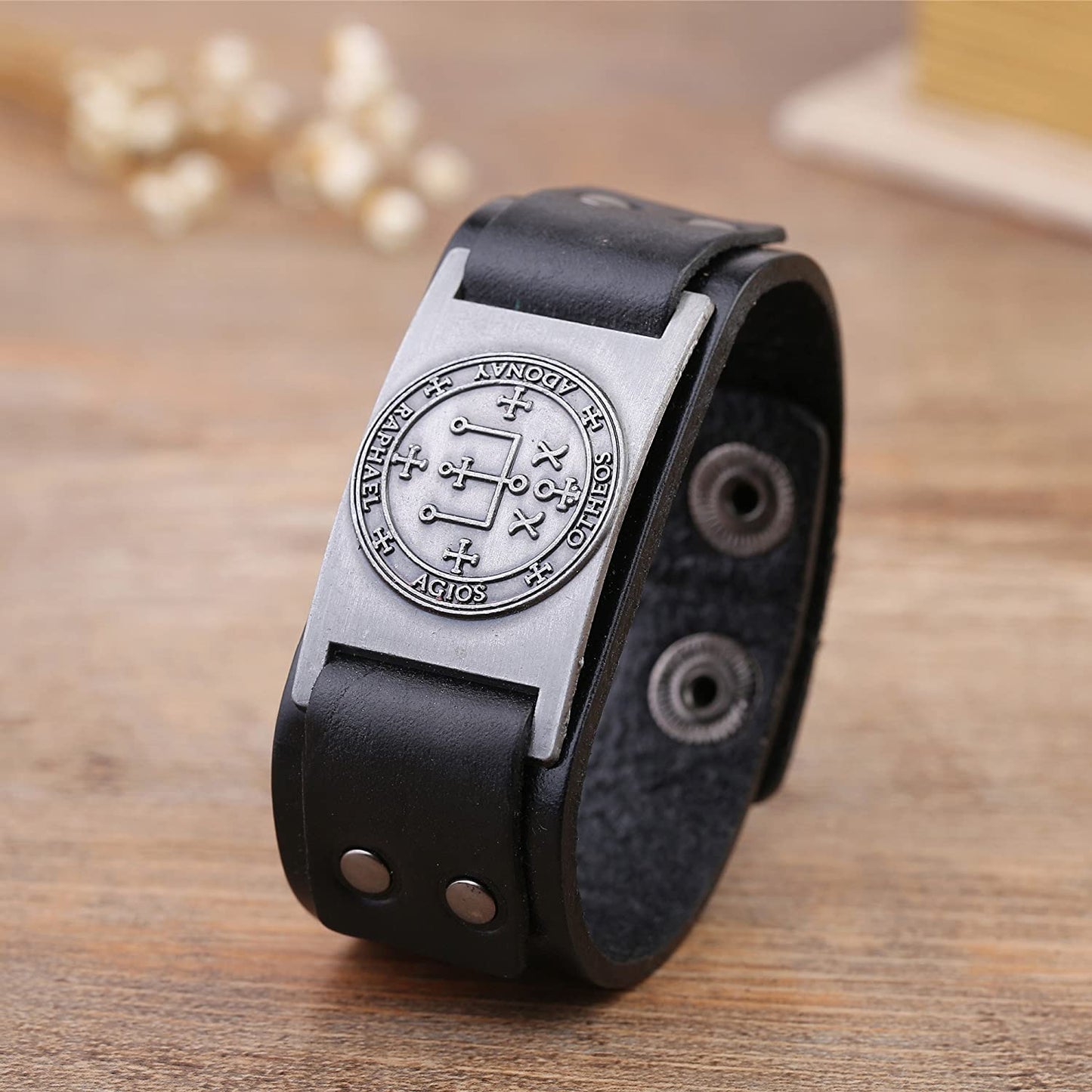 Vintage Solomon Sigil of Archangel Raphael Metal Craft Connector Enoch Talisman Cuff Leather Bracelet - Samuels Jewelers