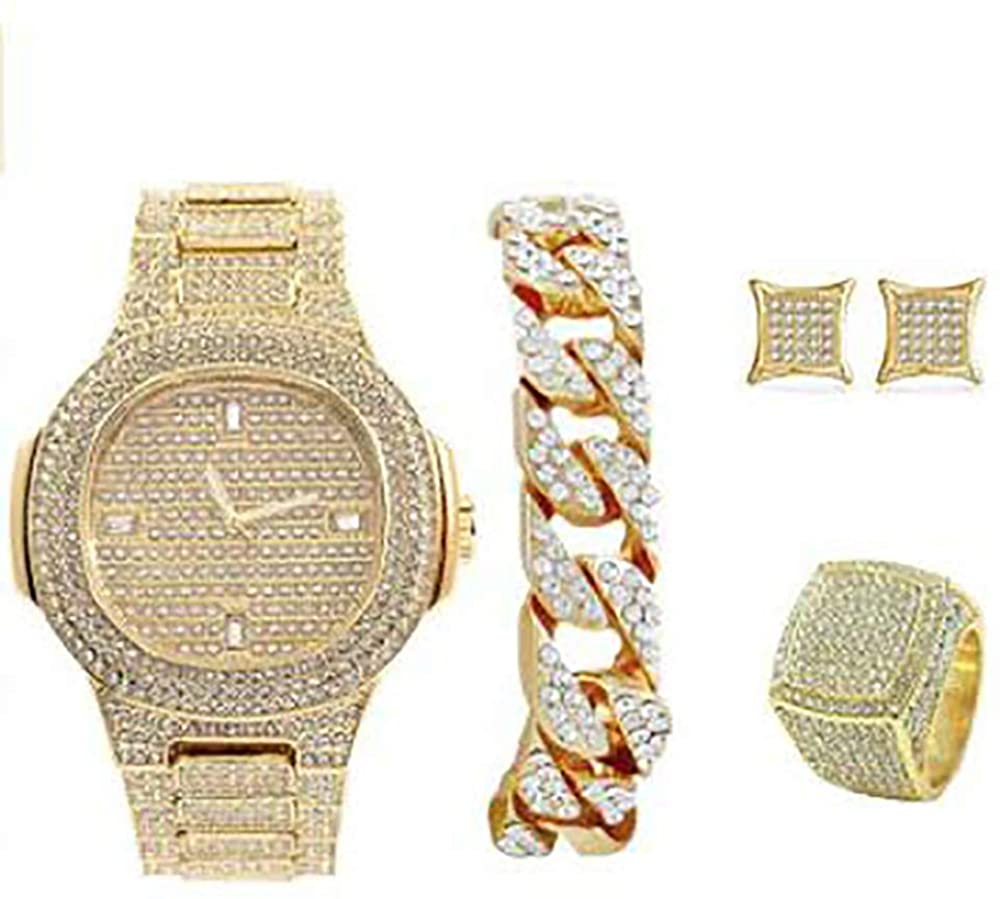 Bling-end Out Hip Hop Watch & Jewelry Set w/Cuban Chain Bracelet, Kite Bling Earrings & Ring - Samuels Jewelers