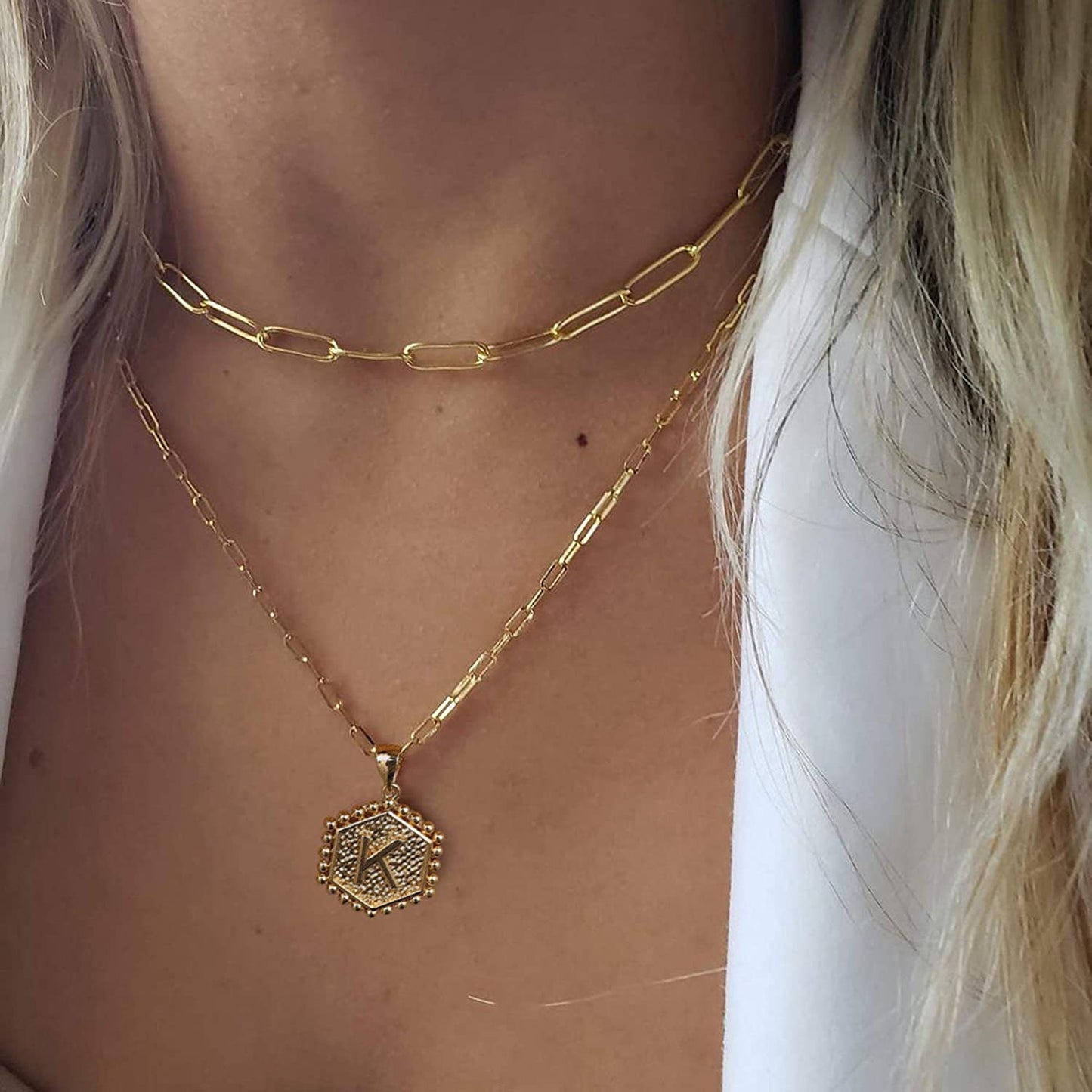 Dainty Layered Initial Necklace 14K Gold Plated Paperclip Chain Hexagon Pendant Choker Necklace - Samuels Jewelers