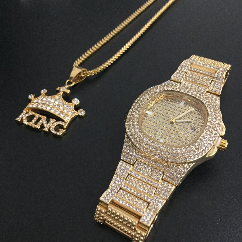 Luxury Combo Set Watch Necklace Chain Ice Out Cuban Hip Hop Jewelry - Samuels Jewelers