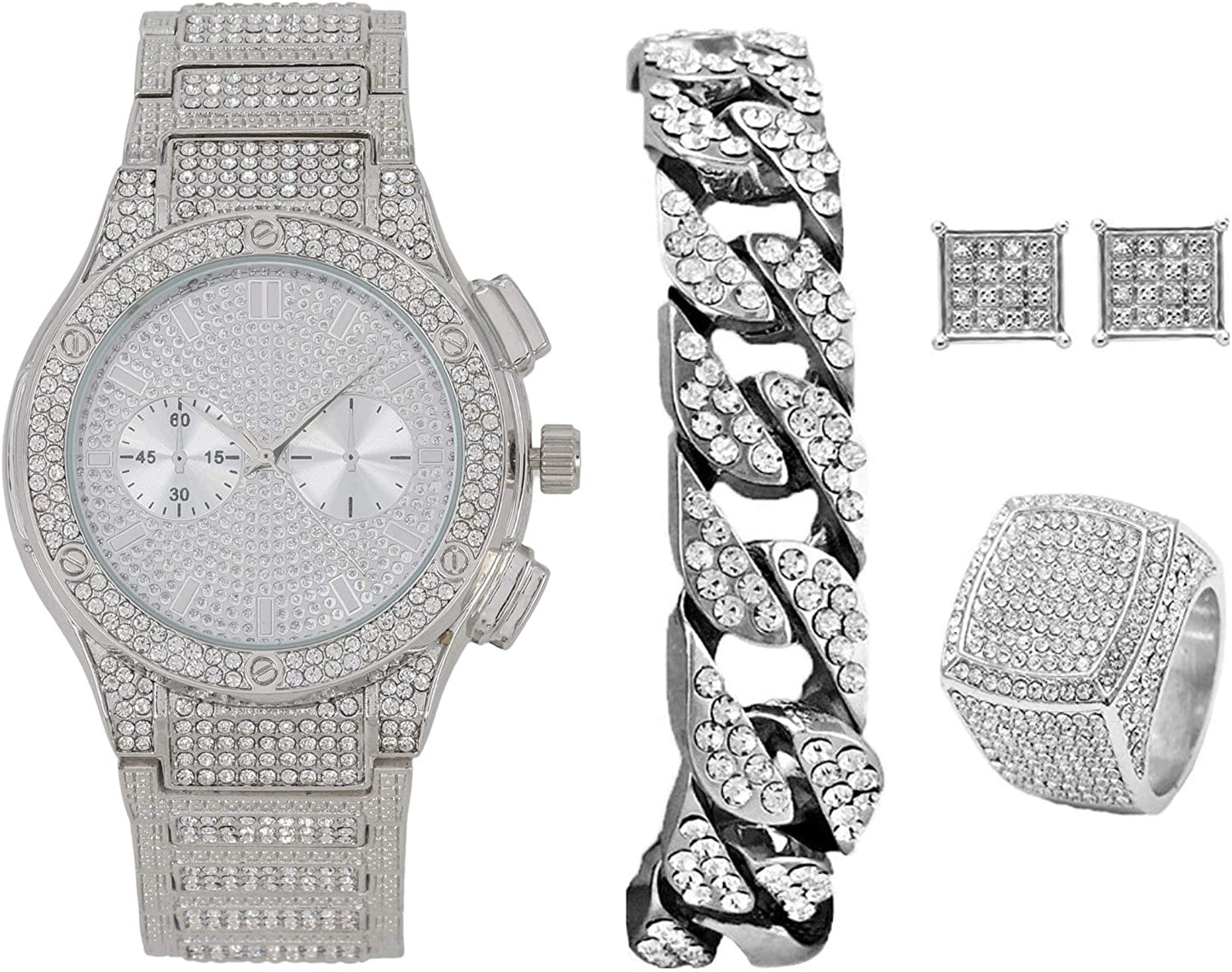 Bling-end Out Hip Hop Watch & Jewelry Set w/Cuban Chain Bracelet, Kite Bling Earrings & Ring - Samuels Jewelers