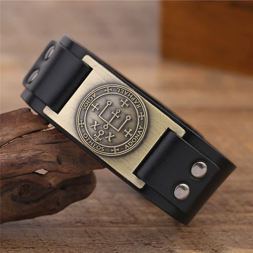 Vintage Solomon Sigil of Archangel Raphael Metal Craft Connector Enoch Talisman Cuff Leather Bracelet - Samuels Jewelers