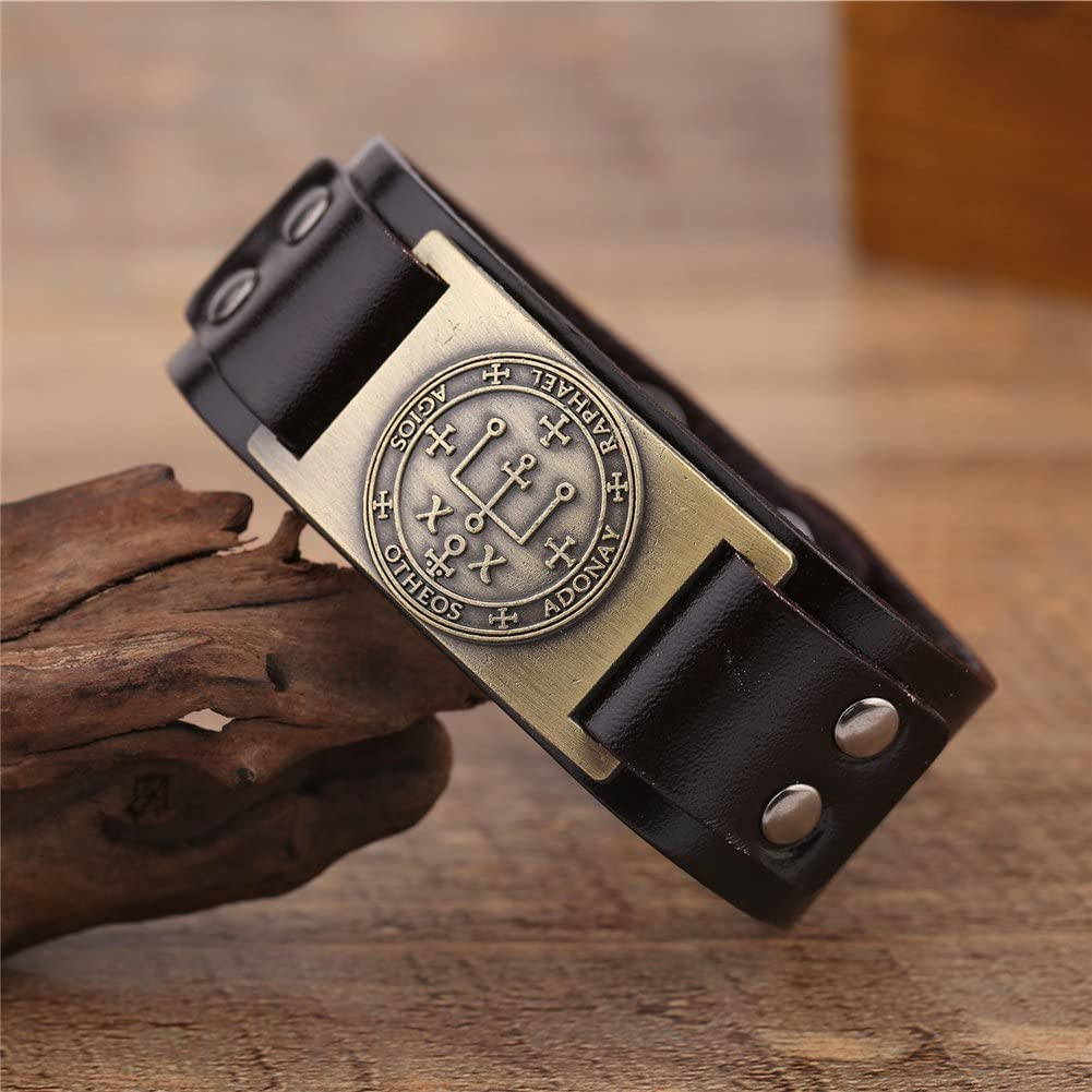 Vintage Solomon Sigil of Archangel Raphael Metal Craft Connector Enoch Talisman Cuff Leather Bracelet - Samuels Jewelers