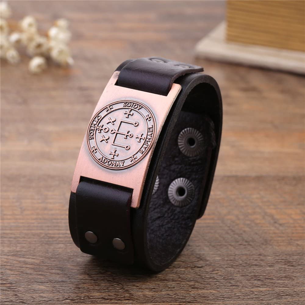Vintage Solomon Sigil of Archangel Raphael Metal Craft Connector Enoch Talisman Cuff Leather Bracelet - Samuels Jewelers
