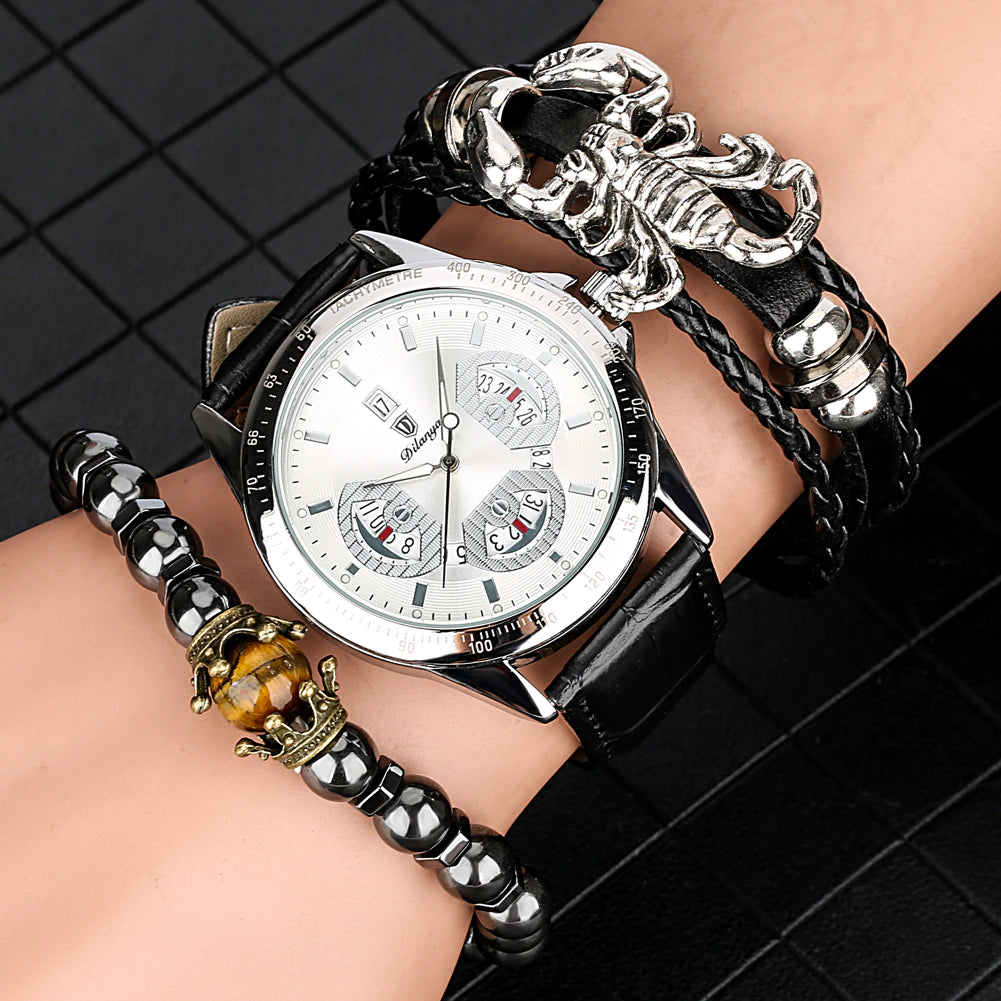 Elastic Bead Bracelet Braided Leather Chain Calendar Wristwatch - Samuels Jewelers