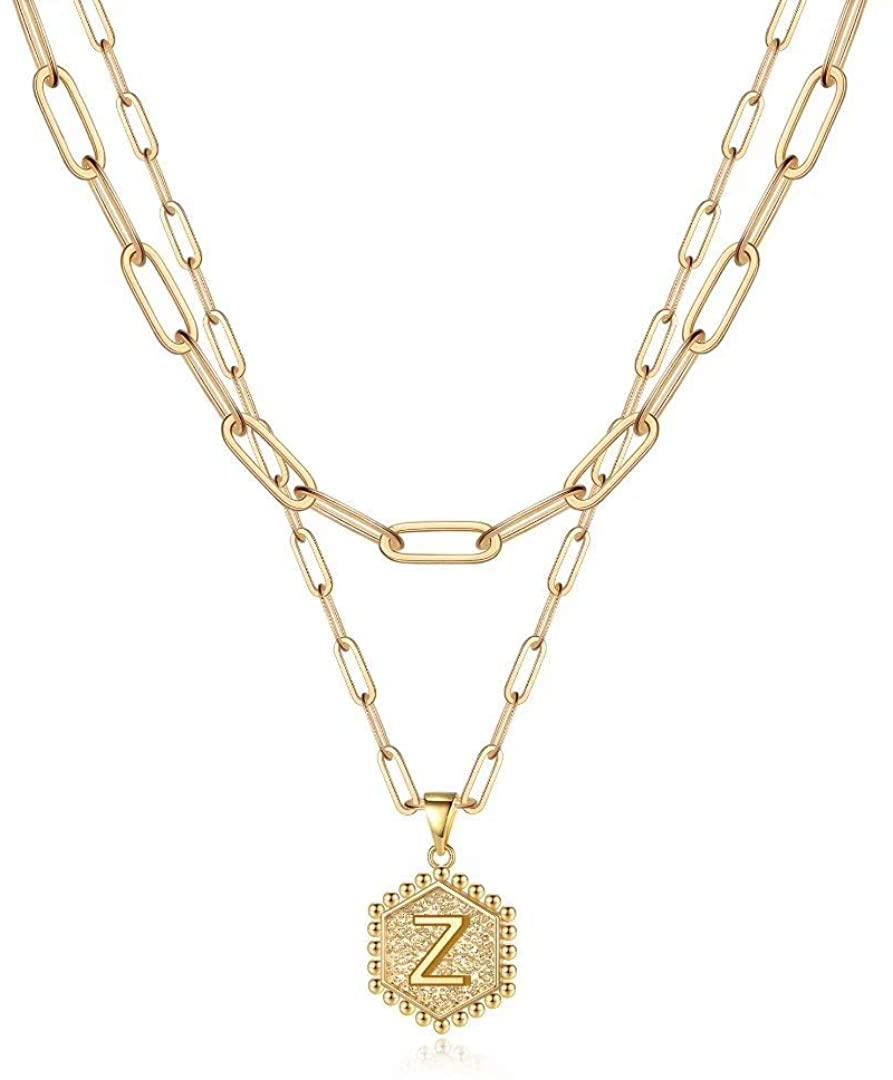 Dainty Layered Initial Necklace 14K Gold Plated Paperclip Chain Hexagon Pendant Choker Necklace - Samuels Jewelers