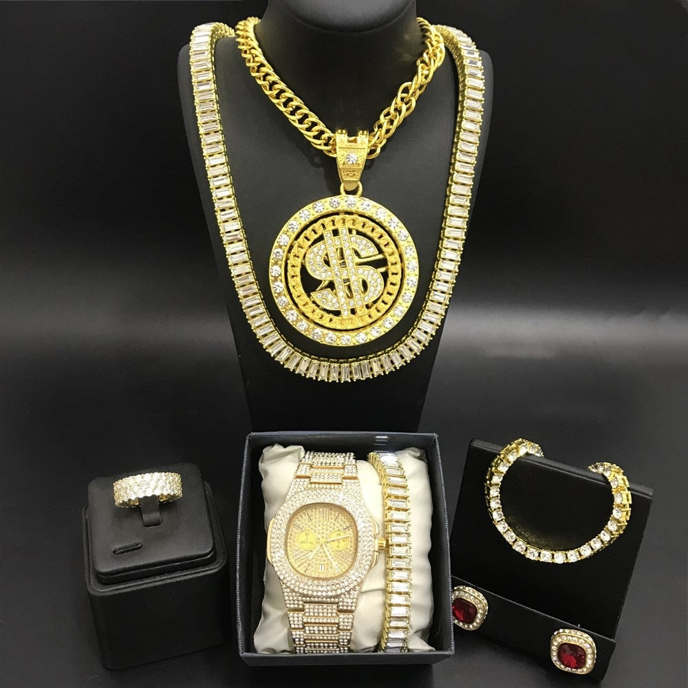 Luxury Men Gold Watch Necklace Bracelet Ring Earrings Combo Set Ice Out Cuban Crystal Miami Chain Hip Hop - Samuels Jewelers