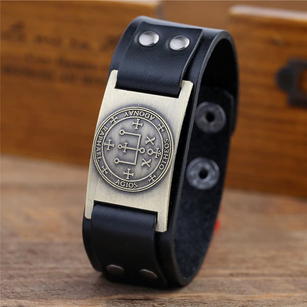 Vintage Solomon Sigil of Archangel Raphael Metal Craft Connector Enoch Talisman Cuff Leather Bracelet - Samuels Jewelers