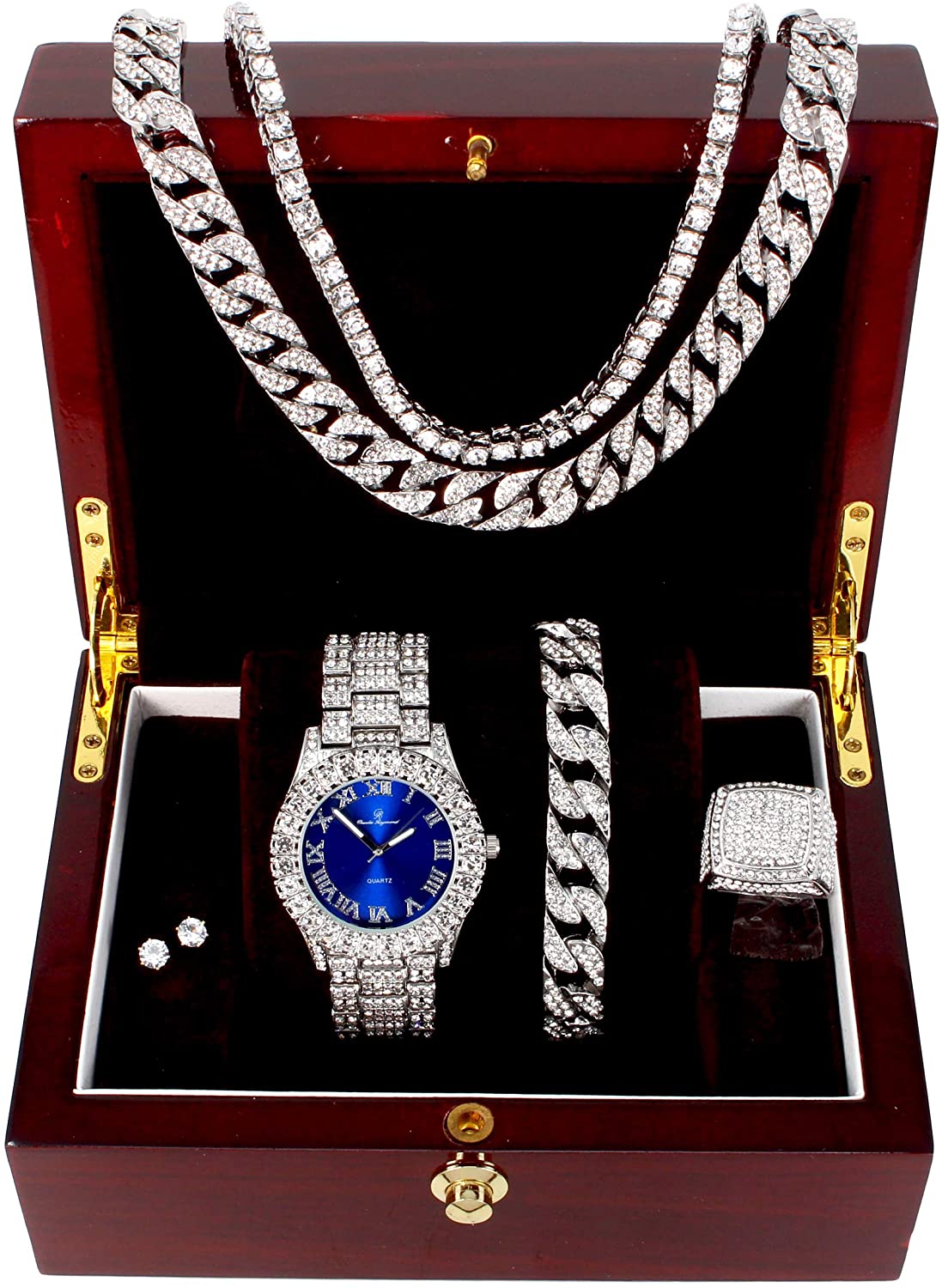 Fully Iced Hip Hop Big Rocks Bezel Color Dial Cuban Chain Bracelet, Cuban Necklace, Tennis Chain & Ring - Samuels Jewelers