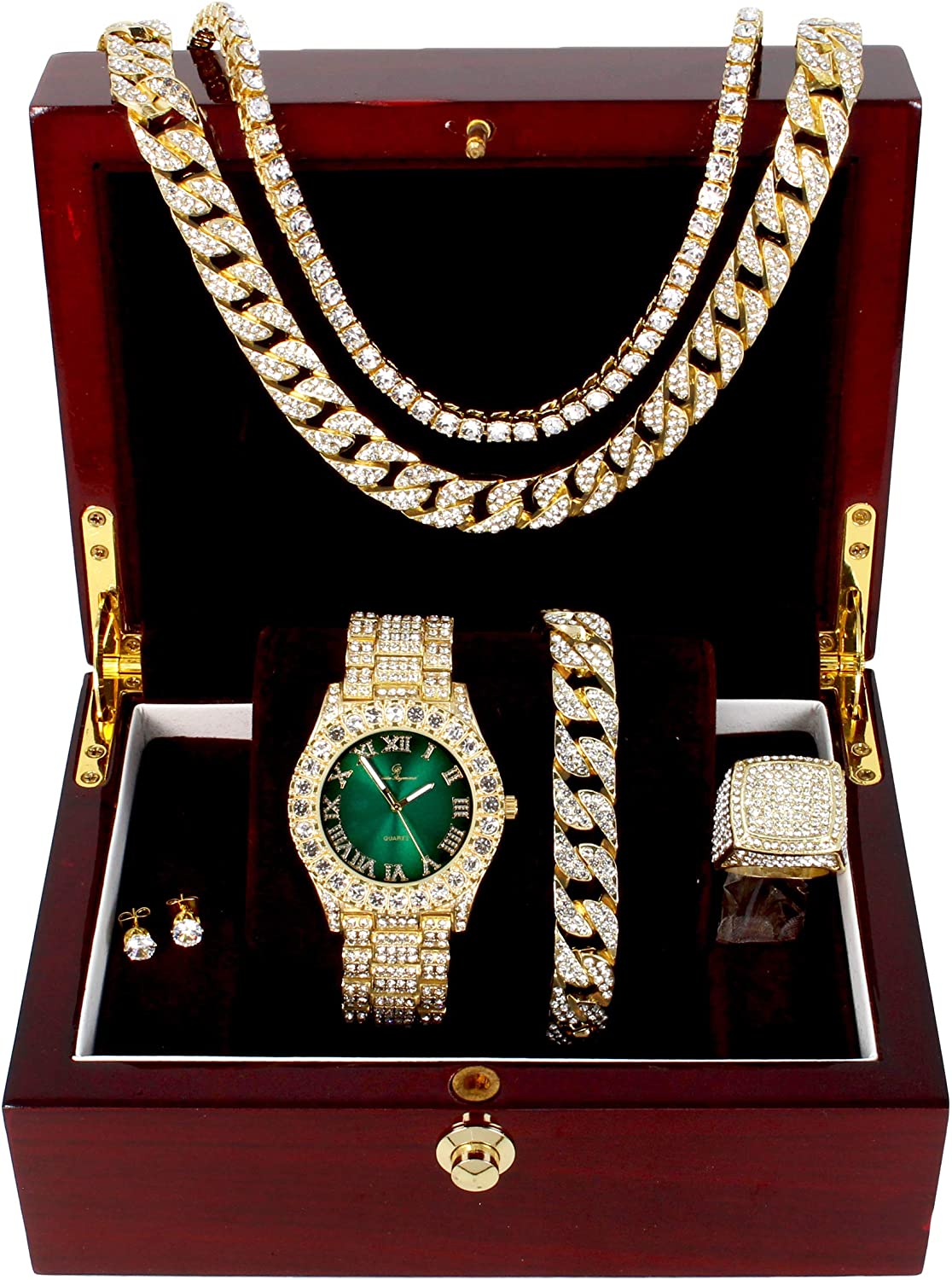 Fully Iced Hip Hop Big Rocks Bezel Color Dial Cuban Chain Bracelet, Cuban Necklace, Tennis Chain & Ring - Samuels Jewelers