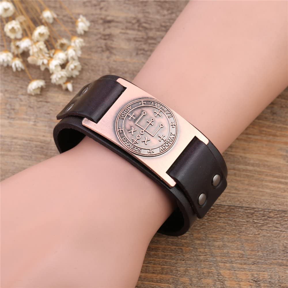 Vintage Solomon Sigil of Archangel Raphael Metal Craft Connector Enoch Talisman Cuff Leather Bracelet - Samuels Jewelers