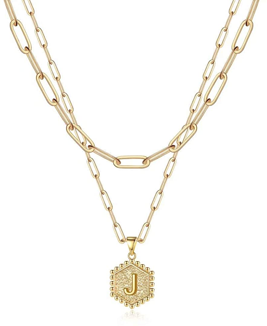 Dainty Layered Initial Necklace 14K Gold Plated Paperclip Chain Hexagon Pendant Choker Necklace - Samuels Jewelers