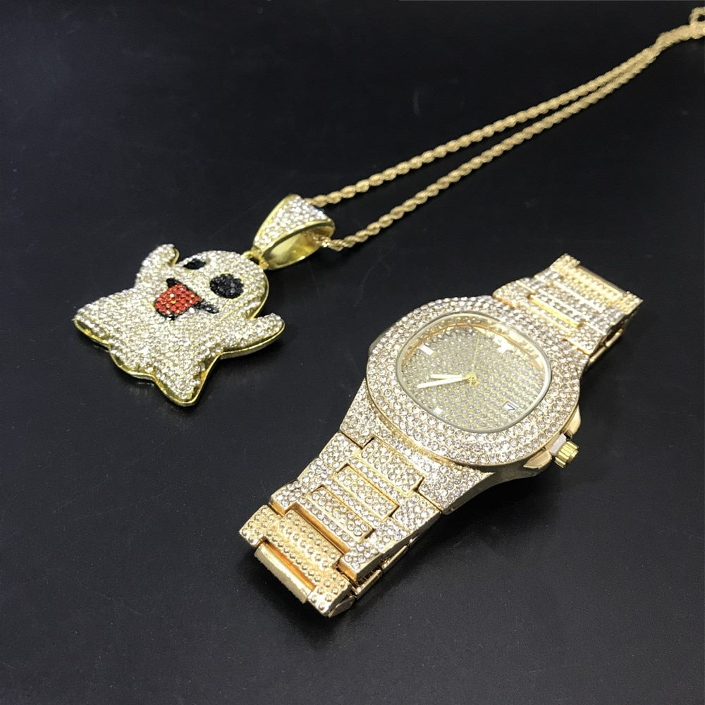Luxury Combo Set Watch Necklace Chain Ice Out Cuban Hip Hop Jewelry - Samuels Jewelers