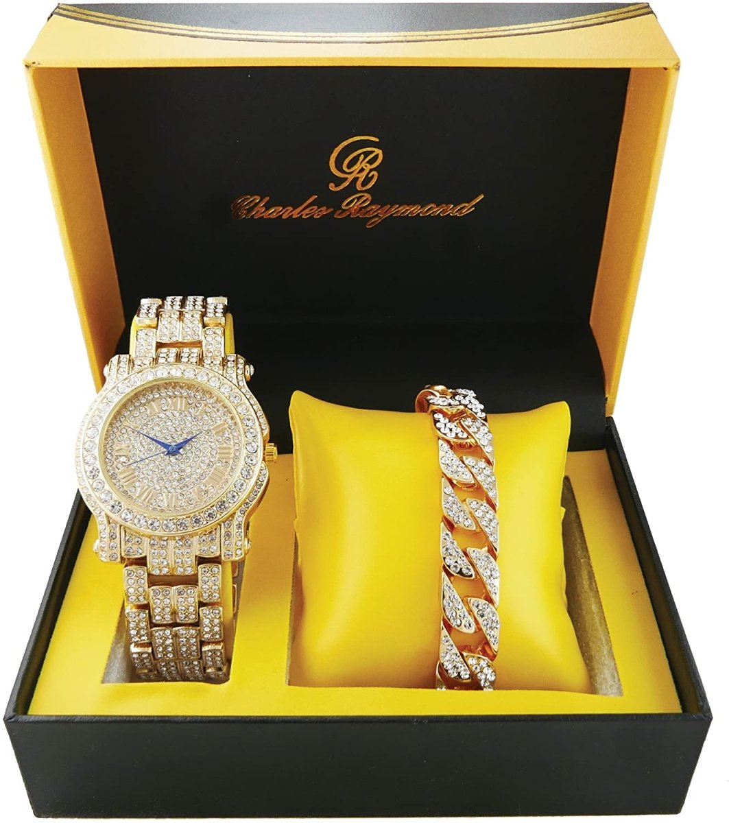 Bling - ed Out Round Luxury Watch Bracelet Cuban Set - Samuels Jewelers