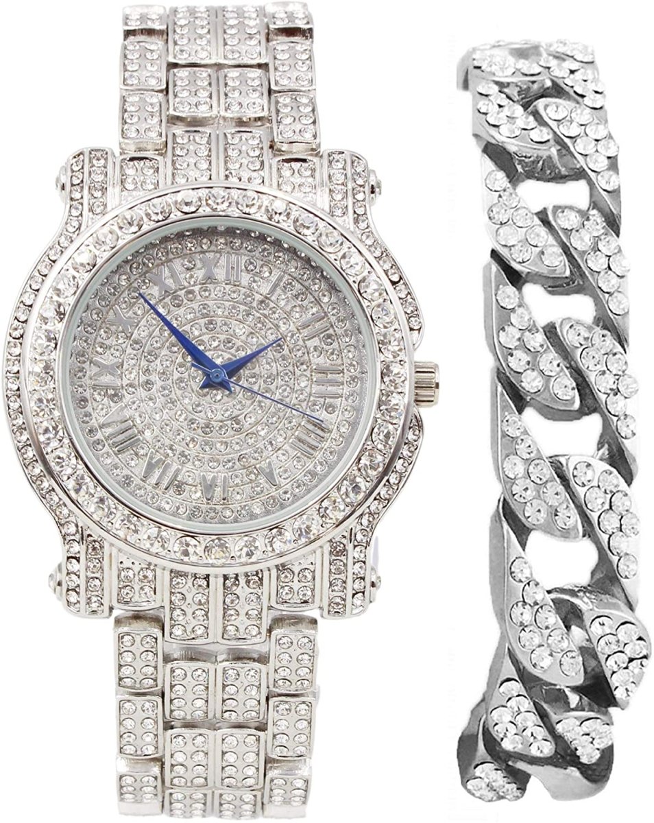 Bling - ed Out Round Luxury Watch Bracelet Cuban Set - Samuels Jewelers