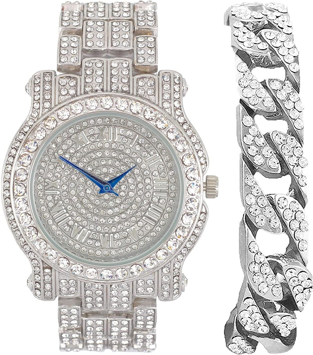 Bling - ed Out Silver Round Luxury Watch Bling - ed Out Cuban Bracelet - Samuels Jewelers