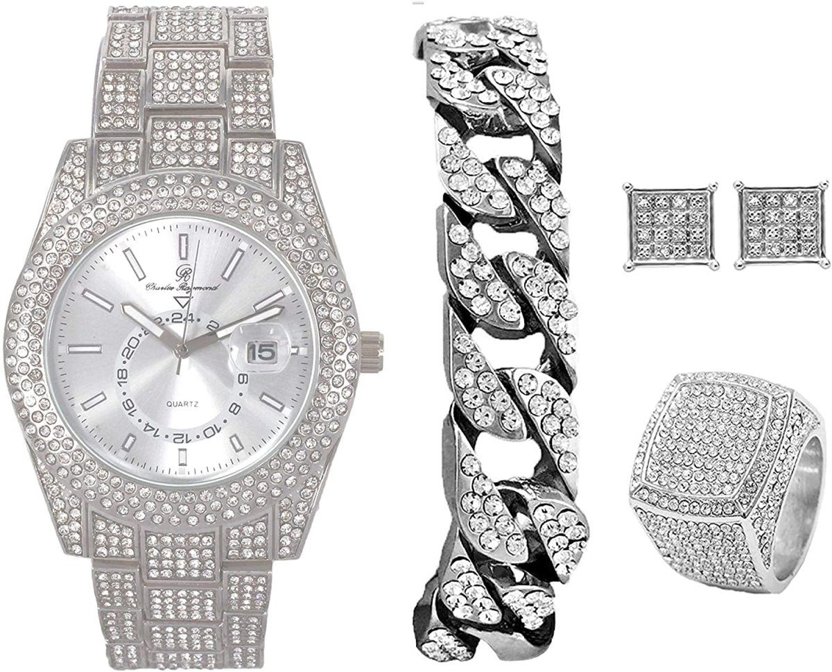 Bling - end Out Hip Hop Watch & Jewelry Set w/Cuban Chain Bracelet, Kite Bling Earrings & Ring - Samuels Jewelers