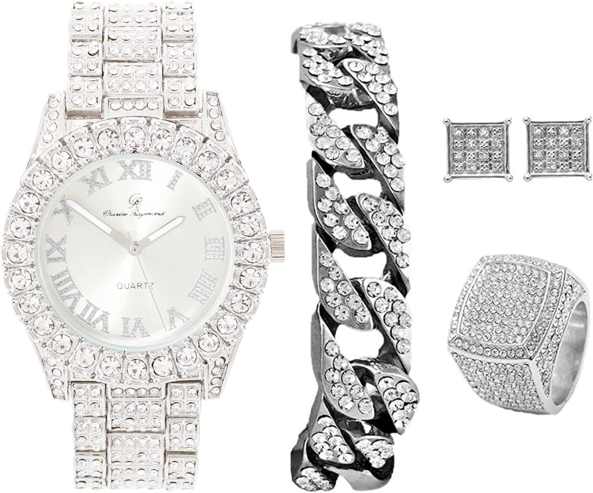 Bling - end Out Hip Hop Watch & Jewelry Set w/Cuban Chain Bracelet, Kite Bling Earrings & Ring - Samuels Jewelers