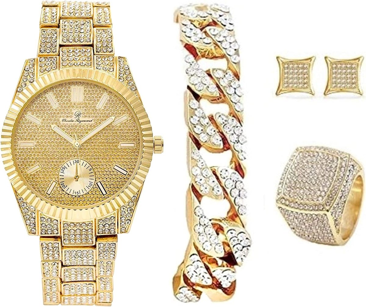 Bling - end Out Hip Hop Watch & Jewelry Set w/Cuban Chain Bracelet, Kite Bling Earrings & Ring - Samuels Jewelers
