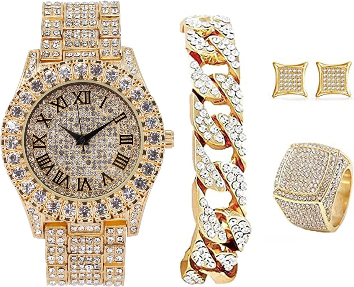 Bling - end Out Hip Hop Watch & Jewelry Set w/Cuban Chain Bracelet, Kite Bling Earrings & Ring - Samuels Jewelers