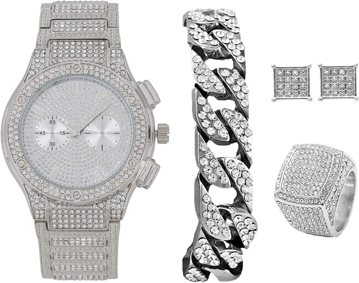 Bling - end Out Hip Hop Watch & Jewelry Set w/Cuban Chain Bracelet, Kite Bling Earrings & Ring - Samuels Jewelers