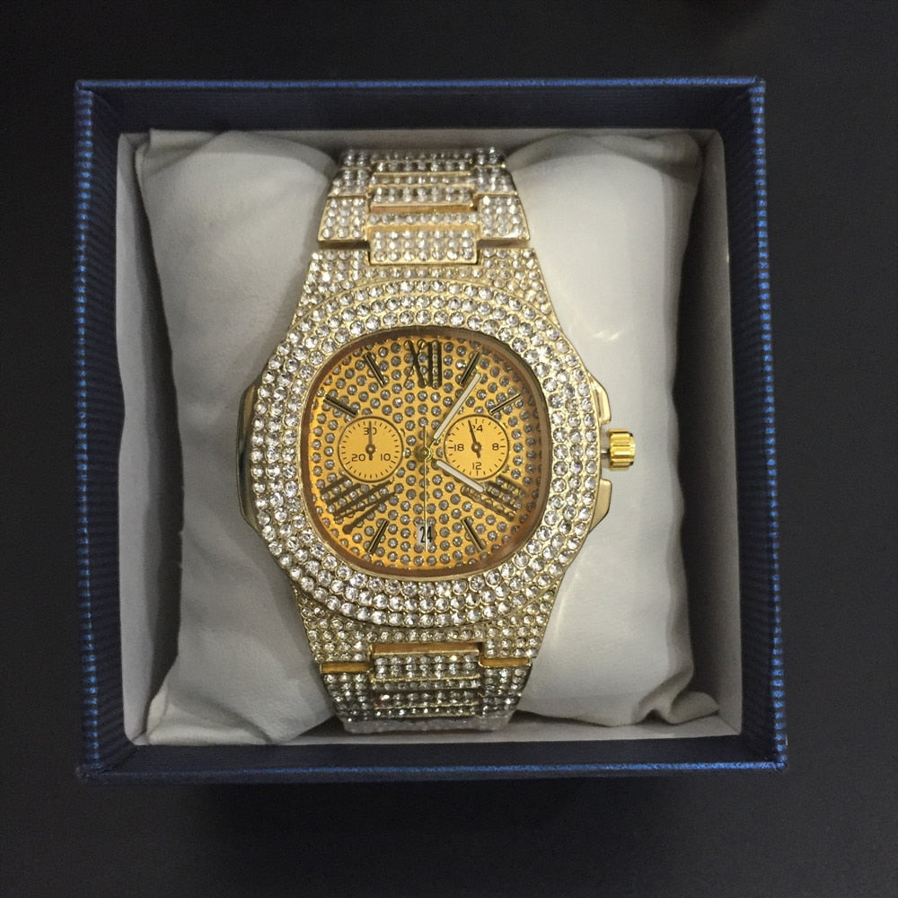 Luxury Men Gold Watch Necklace Bracelet Ring Earrings Combo Set Ice Out Cuban Crystal Miami Chain Hip Hop - Samuels Jewelers