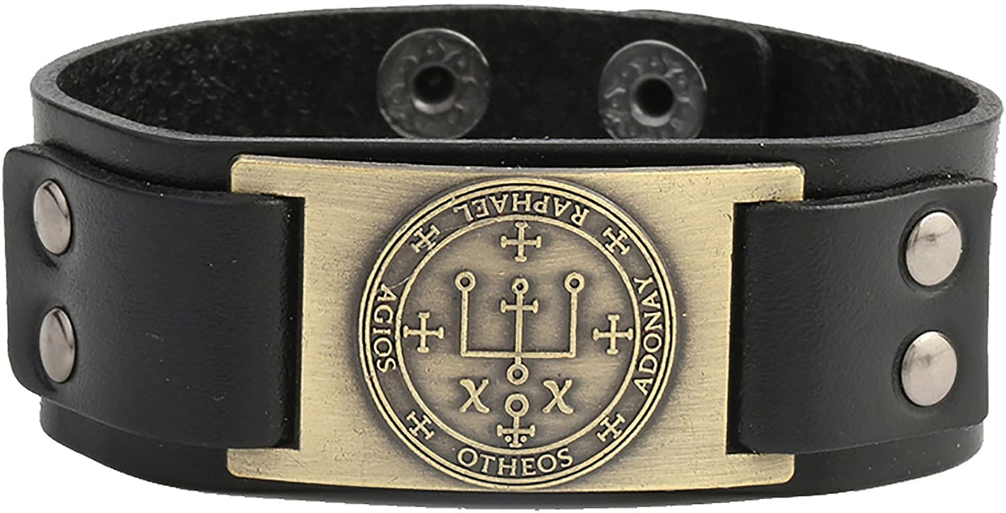 Vintage Solomon Sigil of Archangel Raphael Metal Craft Connector Enoch Talisman Cuff Leather Bracelet - Samuels Jewelers