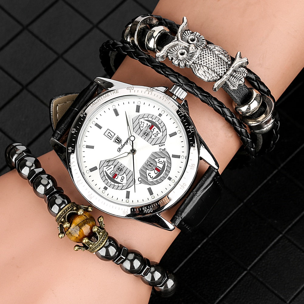 Elastic Bead Bracelet Braided Leather Chain Calendar Wristwatch - Samuels Jewelers