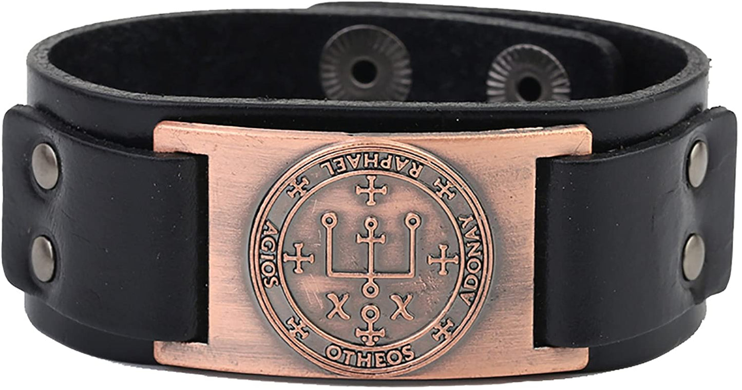 Vintage Solomon Sigil of Archangel Raphael Metal Craft Connector Enoch Talisman Cuff Leather Bracelet - Samuels Jewelers