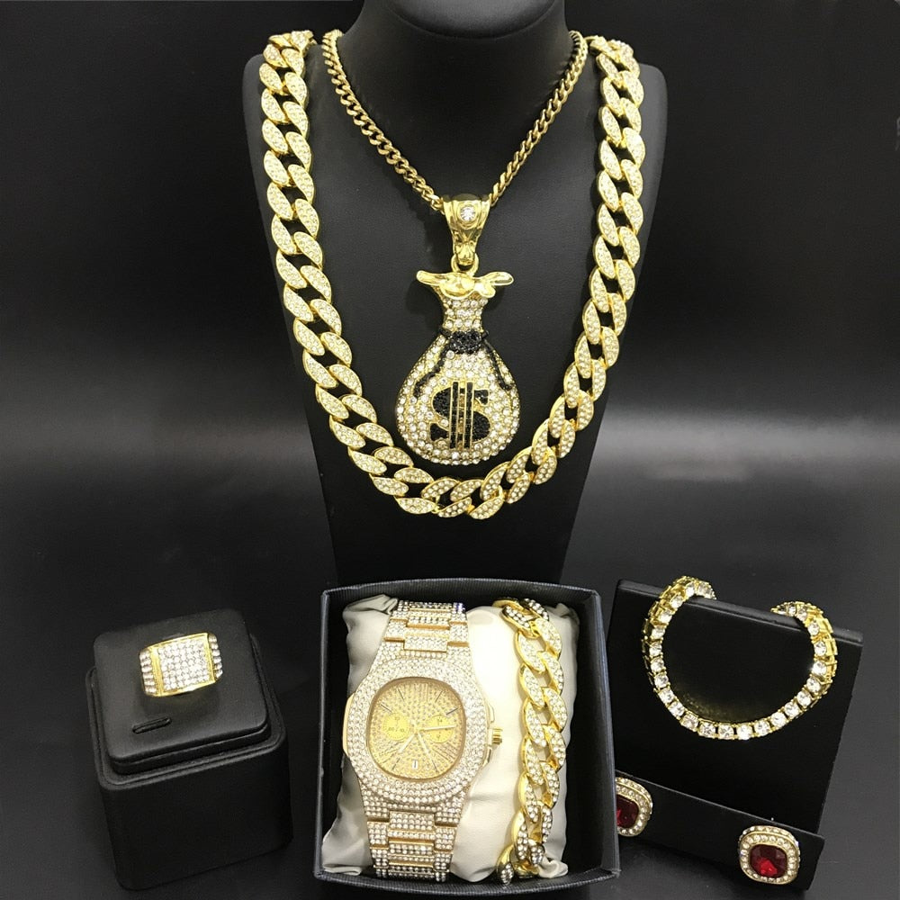 Luxury Men Gold Watch Necklace Bracelet Ring Earrings Combo Ice Out Cuban In Crystal Necklace Chain Hip Hop - Samuels Jewelers