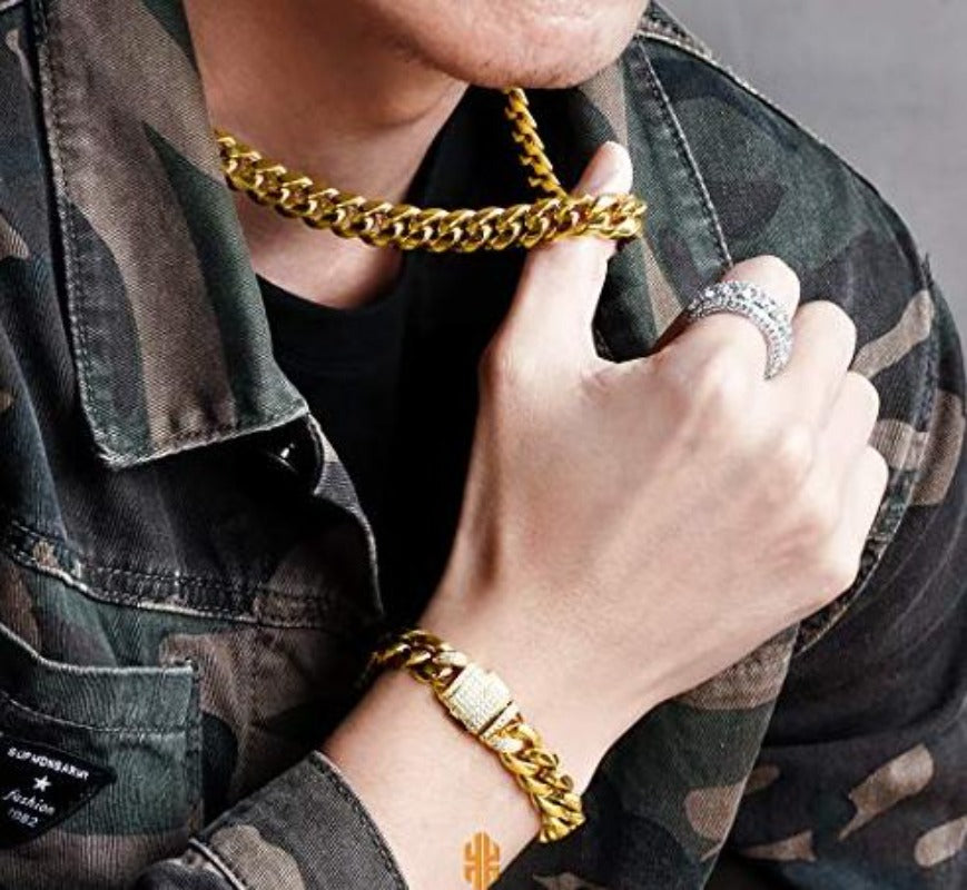 5" Width 18K Gold Miami Cuban Link Chain Set Iced Out Curb Chain and Bracelet Set - Samuels Jewelers
