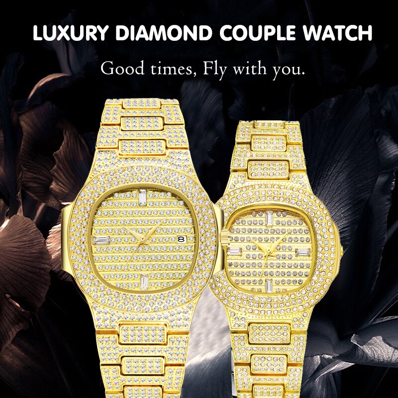 Top Luxury Brand Fashion 18K Gold Full Diamond Decorated Women's Men's Quartz Waterproof Ice Out Couple Watch Set - Samuels Jewelers