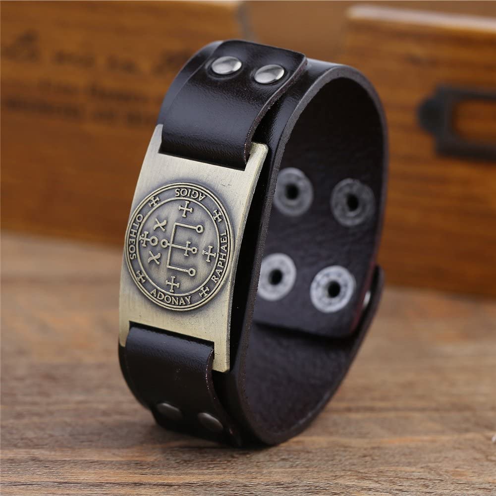Vintage Solomon Sigil of Archangel Raphael Metal Craft Connector Enoch Talisman Cuff Leather Bracelet - Samuels Jewelers