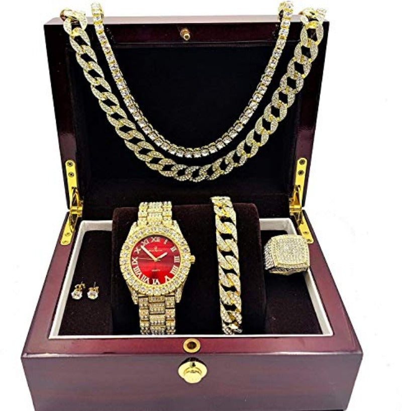 Fully Iced Hip Hop Big Rocks Bezel Color Dial Cuban Chain Bracelet, Cuban Necklace, Tennis Chain & Ring - Samuels Jewelers