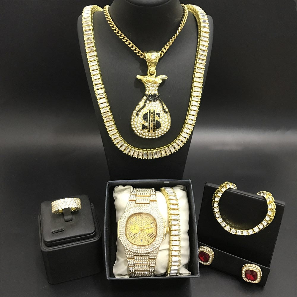 Luxury Men Gold Watch Necklace Bracelet Ring Earrings Combo Set Ice Out Cuban Crystal Miami Chain Hip Hop - Samuels Jewelers