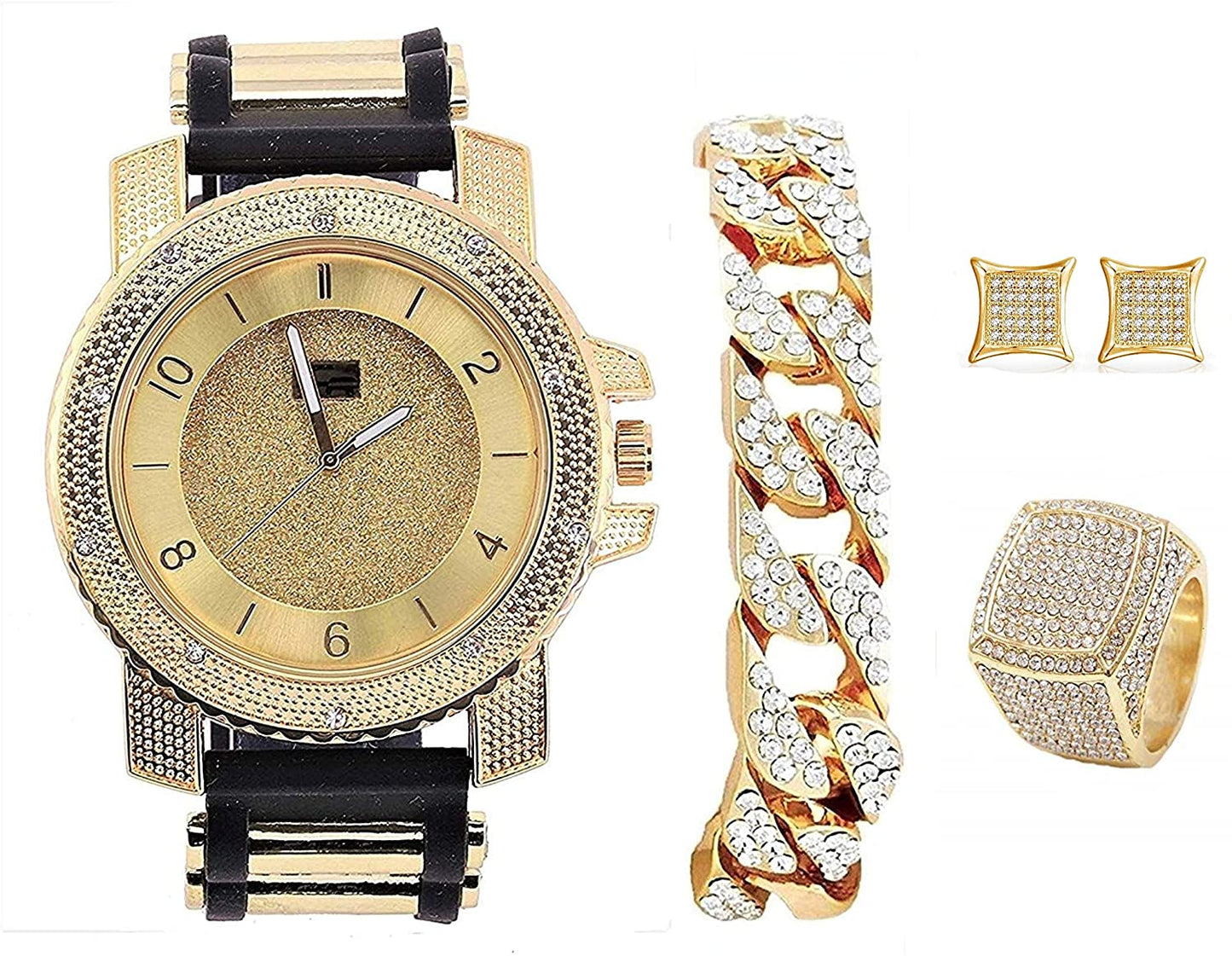 Bling-end Out Hip Hop Watch & Jewelry Set w/Cuban Chain Bracelet, Kite Bling Earrings & Ring - Samuels Jewelers