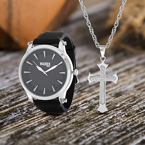 Rhodium Plated and Black Band Watch with Cross Pendant Necklace Jewelry Set - Samuels Jewelers