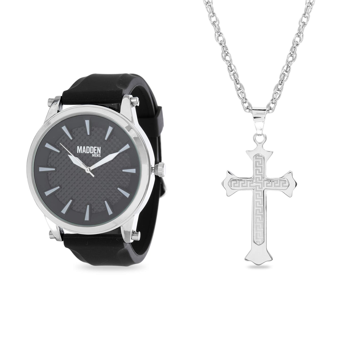 Rhodium Plated and Black Band Watch with Cross Pendant Necklace Jewelry Set - Samuels Jewelers