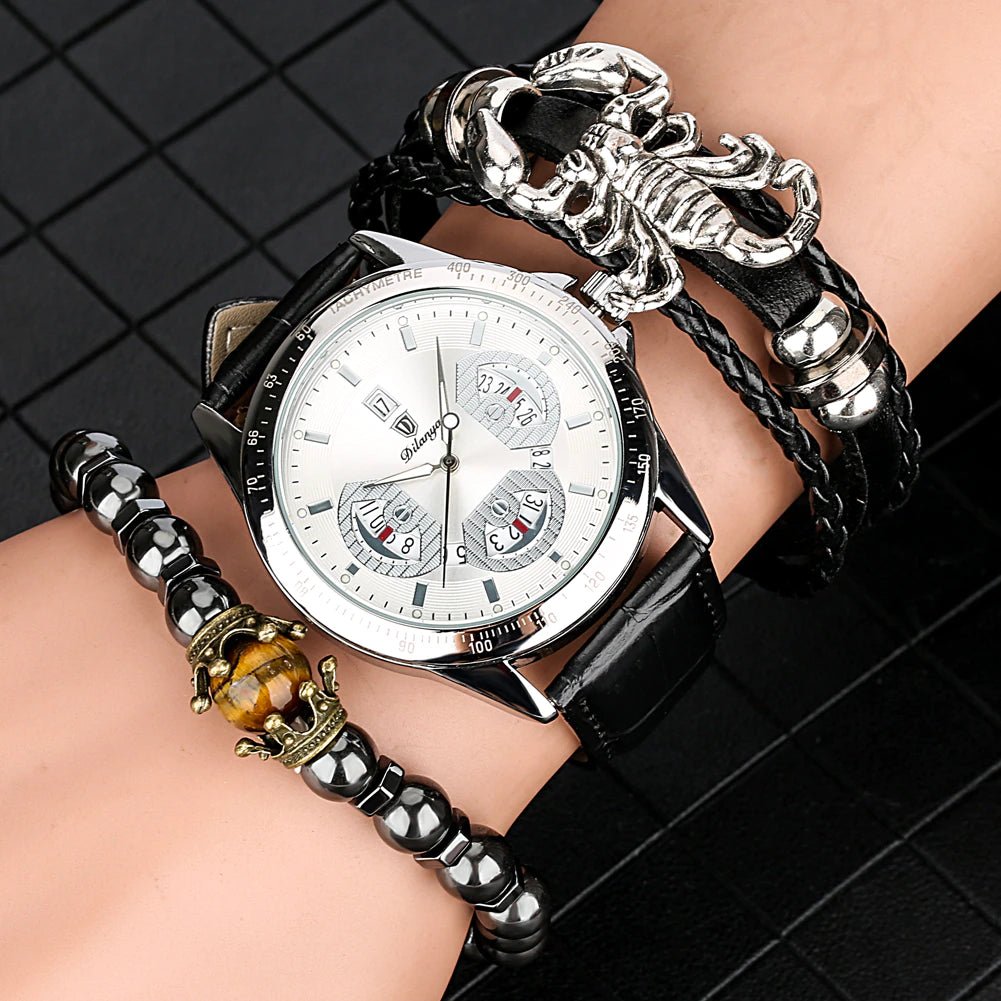 Elastic Bead Bracelet Braided Leather Chain Calendar Wristwatch - Samuels Jewelers