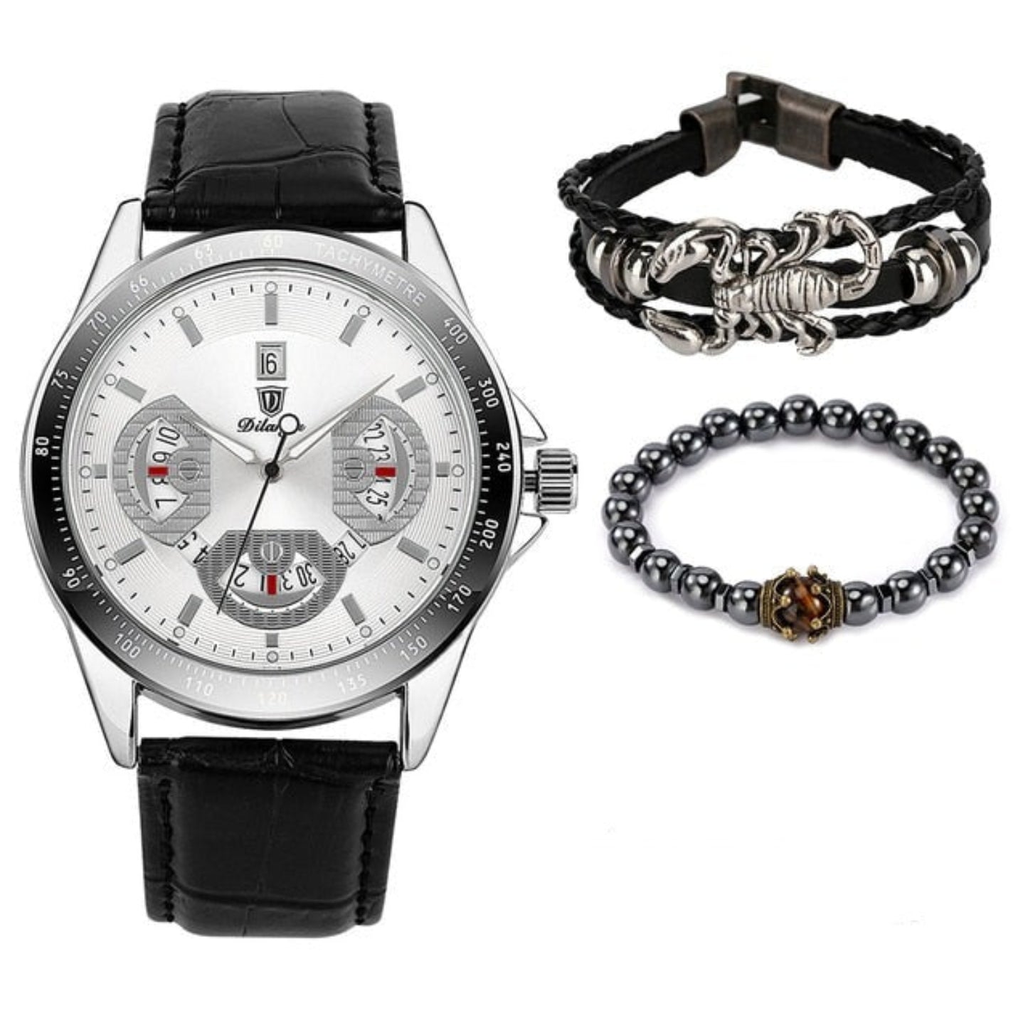 Elastic Bead Bracelet Braided Leather Chain Calendar Wristwatch - Samuels Jewelers