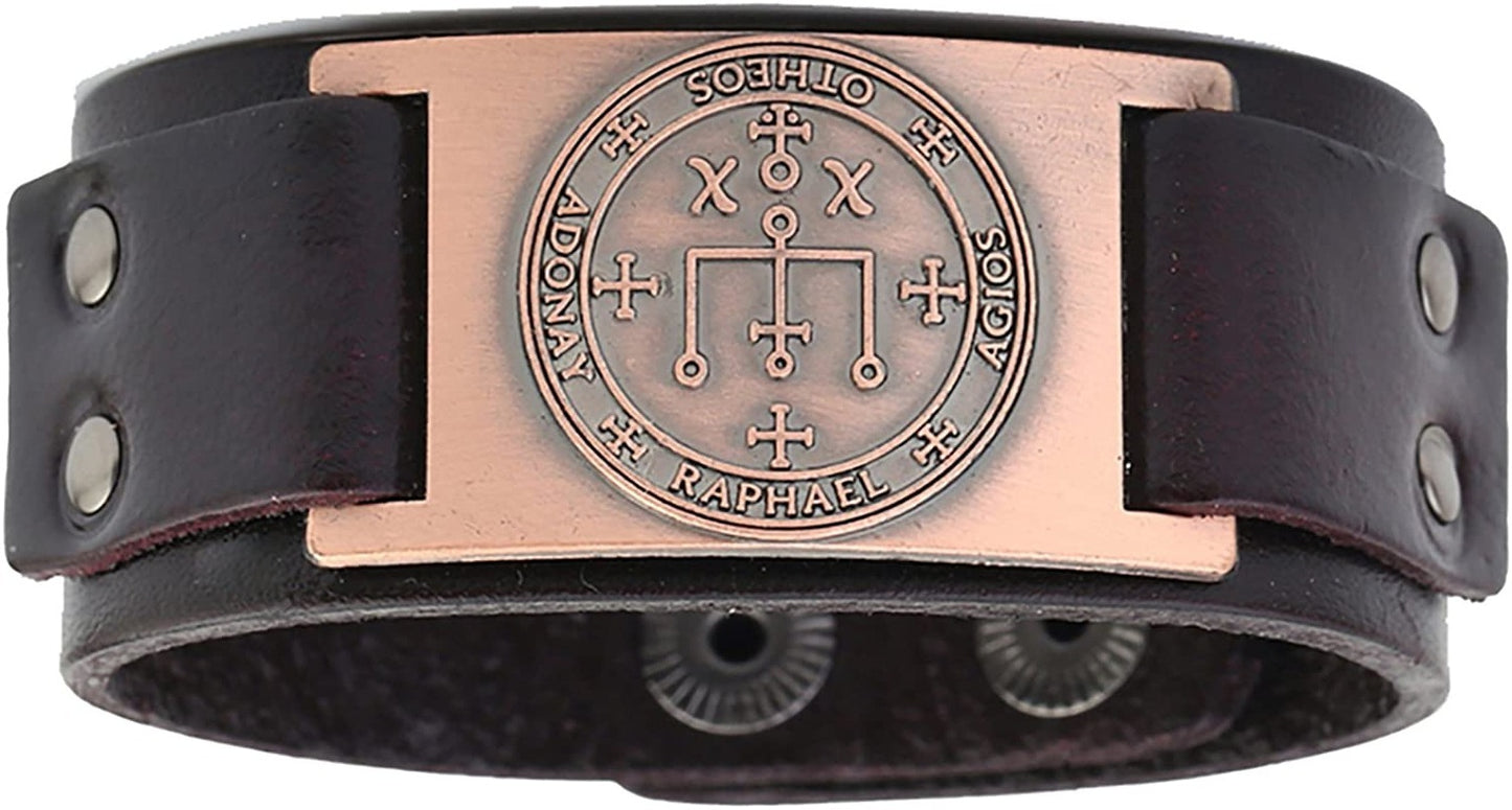 Vintage Solomon Sigil of Archangel Raphael Metal Craft Connector Enoch Talisman Cuff Leather Bracelet - Samuels Jewelers