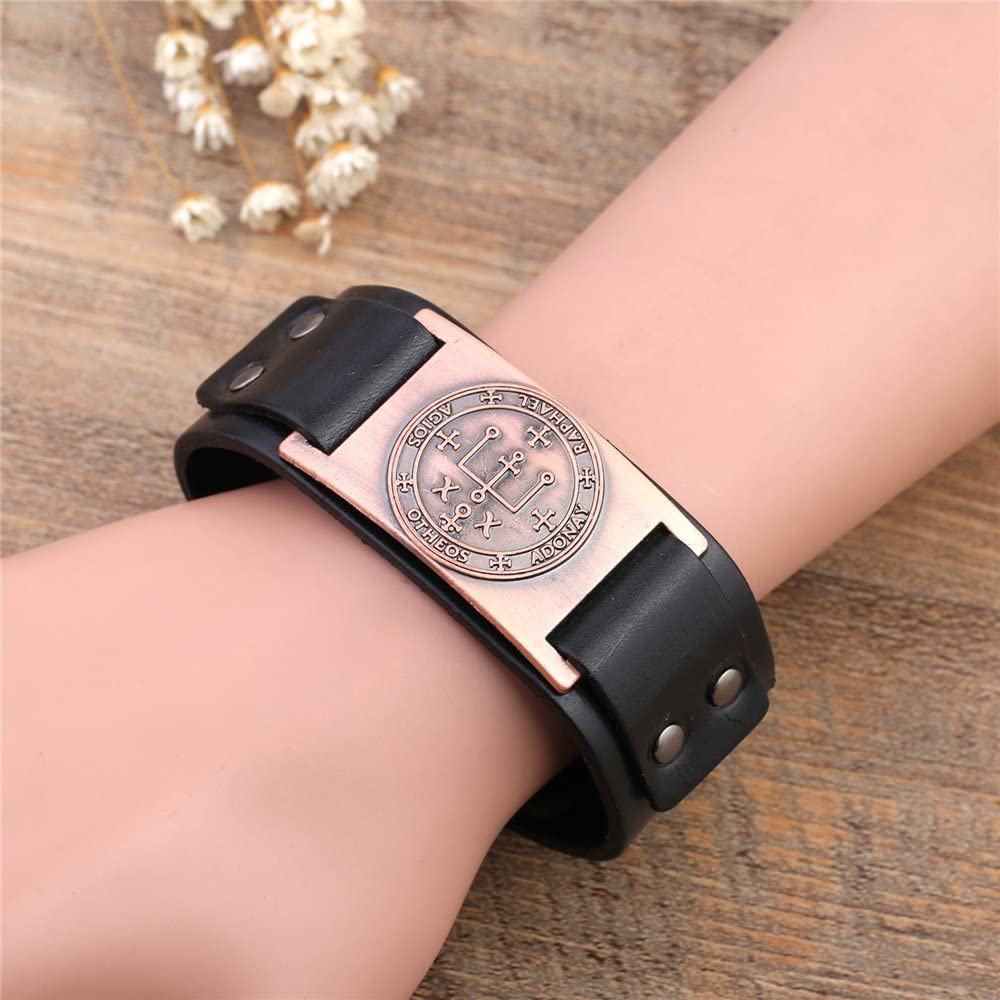 Vintage Solomon Sigil of Archangel Raphael Metal Craft Connector Enoch Talisman Cuff Leather Bracelet - Samuels Jewelers