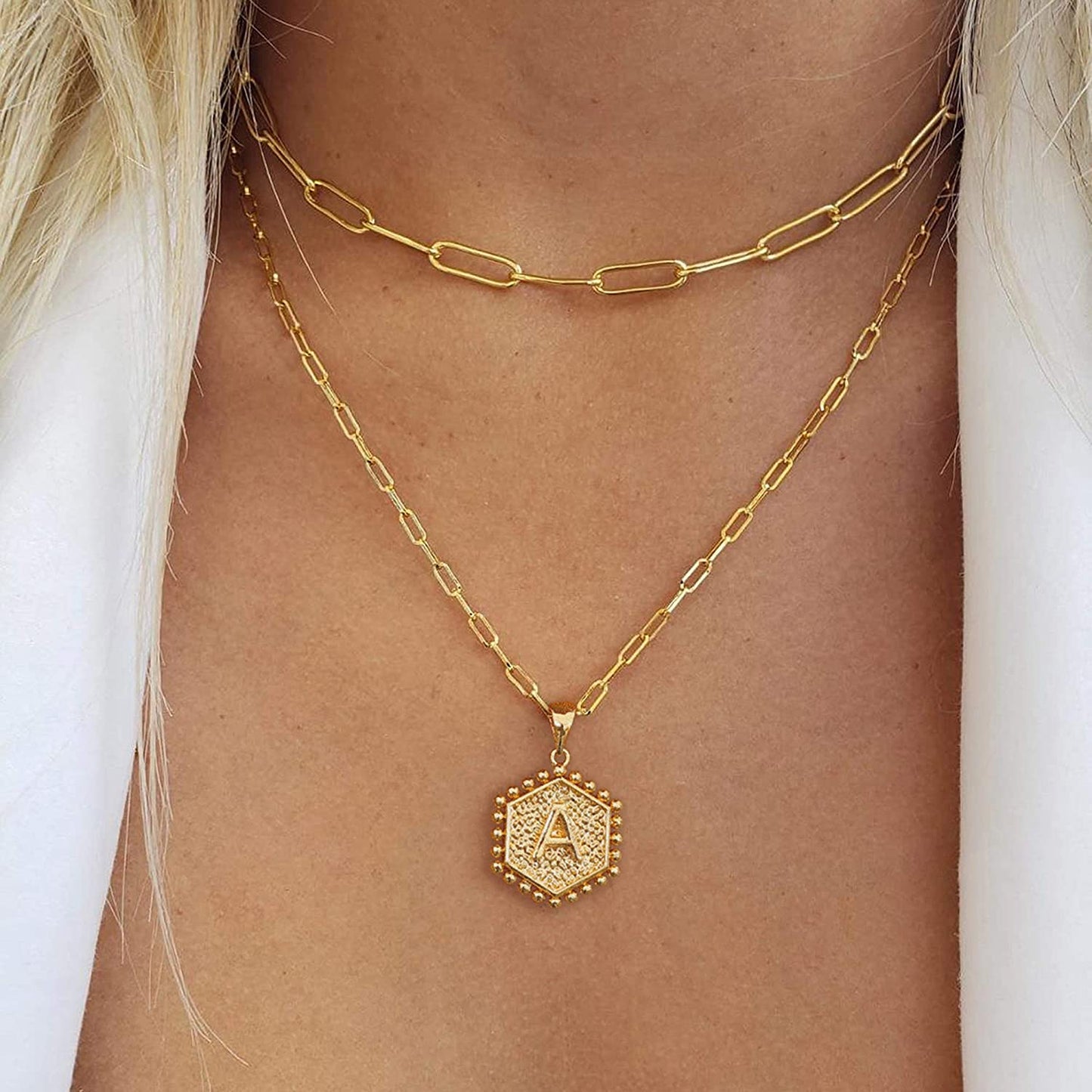 Dainty Layered Initial Necklace 14K Gold Plated Paperclip Chain Hexagon Pendant Choker Necklace - Samuels Jewelers