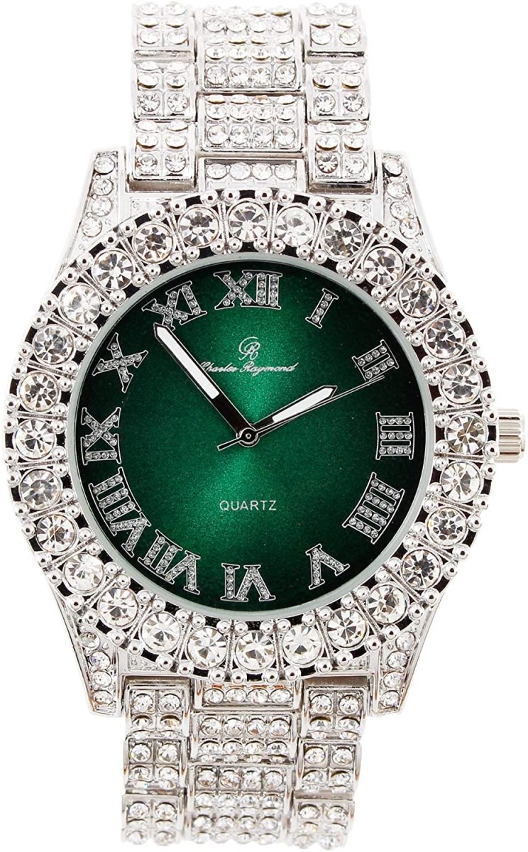 Fully Iced Hip Hop Big Rocks Bezel Color Dial Cuban Chain Bracelet Necklace Tennis Chain Ring Set - Samuels Jewelers